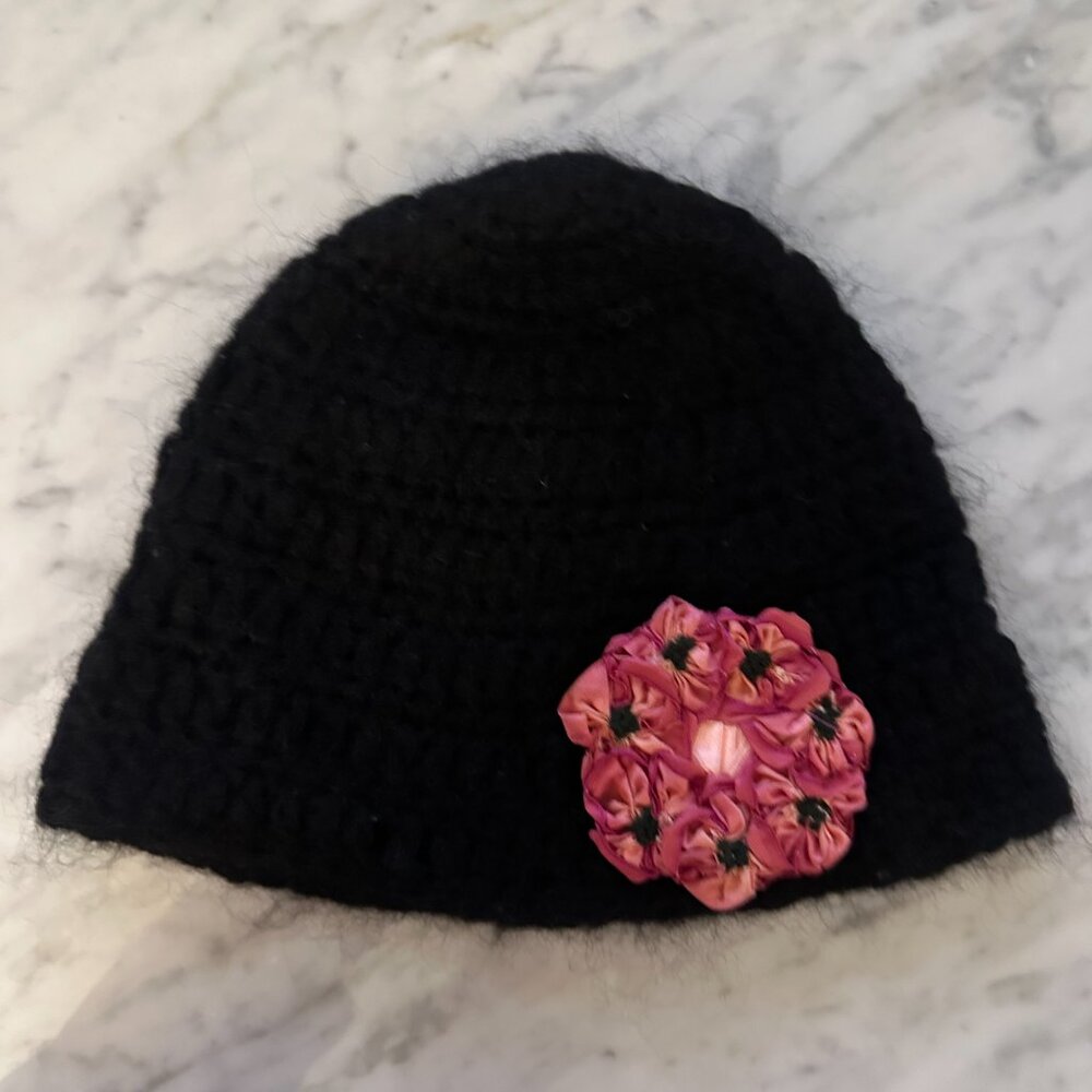 Women's Black Crochet Beanie with Pink Ribbon Flower